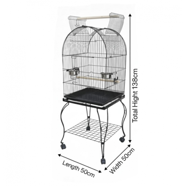 Medium Black Open-Top Bird Cage with Rolling Stand (50 × 50 × 138 cm), Wrought Iron Dome-Top Aviary with Playpen, Stainless Steel Feeders & Easy-Clean Tray for Lovebirds, Canaries & Parrots – Model H01