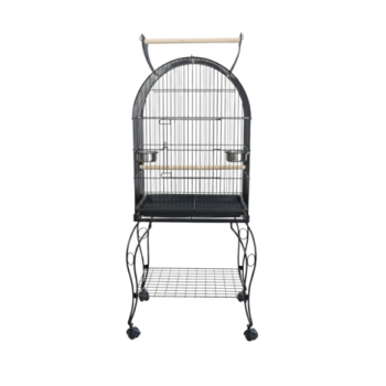 Medium Black Open-Top Bird Cage with Rolling Stand (50 × 50 × 138 cm), Wrought Iron Dome-Top Aviary with Playpen, Stainless Steel Feeders & Easy-Clean Tray for Lovebirds, Canaries & Parrots – Model H01