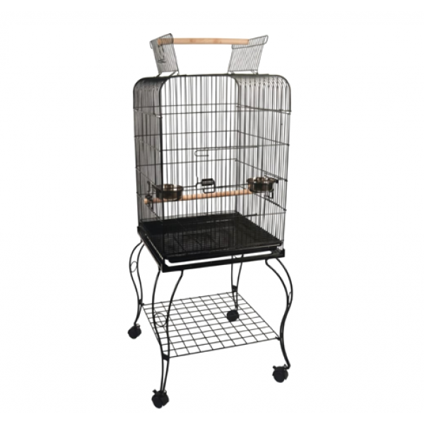 Black Open-Top Metal Bird Cage with Rolling Stand (51 × 51 × 137 cm), Powder-Coated Steel Aviary with Perches, Stainless Steel Feeders, Pull-Out Tray & Storage Shelf for Small to Medium Birds - H02