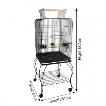 Black Open-Top Metal Bird Cage with Rolling Stand (51 × 51 × 137 cm), Powder-Coated Steel Aviary with Perches, Stainless Steel Feeders, Pull-Out Tray & Storage Shelf for Small to Medium Birds - H02