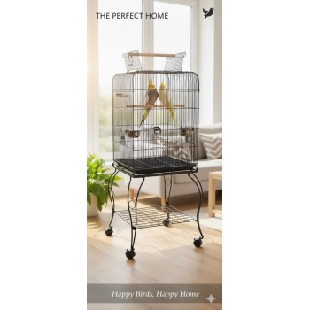 Black Open-Top Metal Bird Cage with Rolling Stand (51 × 51 × 137 cm), Powder-Coated Steel Aviary with Perches, Stainless Steel Feeders, Pull-Out Tray & Storage Shelf for Small to Medium Birds - H02