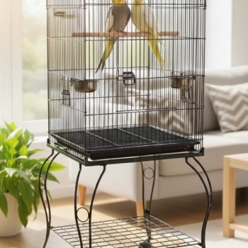 Black Open-Top Metal Bird Cage with Rolling Stand (51 × 51 × 137 cm), Powder-Coated Steel Aviary with Perches, Stainless Steel Feeders, Pull-Out Tray & Storage Shelf for Small to Medium Birds - H02