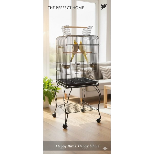 Black Open-Top Metal Bird Cage with Rolling Stand (51 × 51 × 137 cm), Powder-Coated Steel Aviary with Perches, Stainless Steel Feeders, Pull-Out Tray & Storage Shelf for Small to Medium Birds - H02