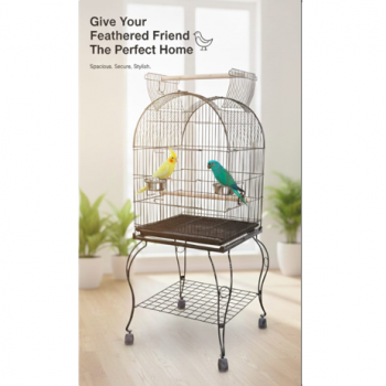 Large Black Open-Top Bird Cage with Rolling Stand (50 × 50 × 141 cm), Wrought Iron Dome-Top Aviary with Playpen, Stainless Steel Feeders & Easy-Clean Tray for Lovebirds, Canaries & Parrots – Model H04