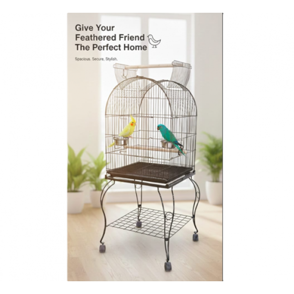 Large Black Open-Top Bird Cage with Rolling Stand (50 × 50 × 141 cm), Wrought Iron Dome-Top Aviary with Playpen, Stainless Steel Feeders & Easy-Clean Tray for Lovebirds, Canaries & Parrots – Model H04