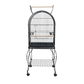 Large Black Open-Top Bird Cage with Rolling Stand (50 × 50 × 141 cm), Wrought Iron Dome-Top Aviary with Playpen, Stainless Steel Feeders & Easy-Clean Tray for Lovebirds, Canaries & Parrots – Model H04