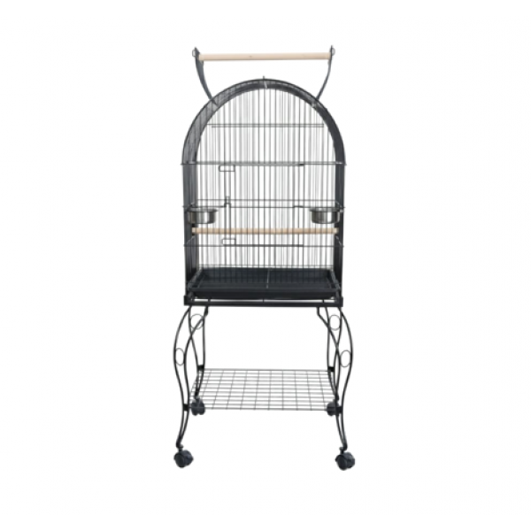 Large Black Open-Top Bird Cage with Rolling Stand (50 × 50 × 141 cm), Wrought Iron Dome-Top Aviary with Playpen, Stainless Steel Feeders & Easy-Clean Tray for Lovebirds, Canaries & Parrots – Model H04