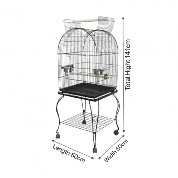 Large Black Open-Top Bird Cage with Rolling Stand (50 × 50 × 141 cm), Wrought Iron Dome-Top Aviary with Playpen, Stainless Steel Feeders & Easy-Clean Tray for Lovebirds, Canaries & Parrots – Model H04