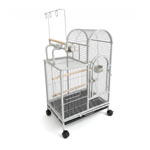 Large White Bird Cage with Play Top & Wheels, 105cm Tall Wrought Iron Parrot Cage with Rolling Stand, Perches, Feeding Bowls & Removable Tray – For Budgies, Cockatiels, Lovebirds & Parakeets