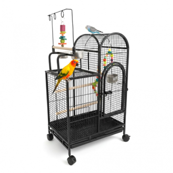 Large Black Bird Cage with Play Top & Wheels, 105cm Tall Wrought Iron Parrot Cage with Rolling Stand, Perches, Feeding Bowls & Removable Tray – For Budgies, Cockatiels, Lovebirds, Parakeets & Medium Birds