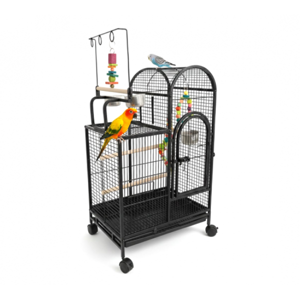 Large Black Bird Cage with Play Top & Wheels, 105cm Tall Wrought Iron Parrot Cage with Rolling Stand, Perches, Feeding Bowls & Removable Tray – For Budgies, Cockatiels, Lovebirds, Parakeets & Medium Birds