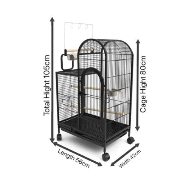 Large Black Bird Cage with Play Top & Wheels, 105cm Tall Wrought Iron Parrot Cage with Rolling Stand, Perches, Feeding Bowls & Removable Tray – For Budgies, Cockatiels, Lovebirds, Parakeets & Medium Birds