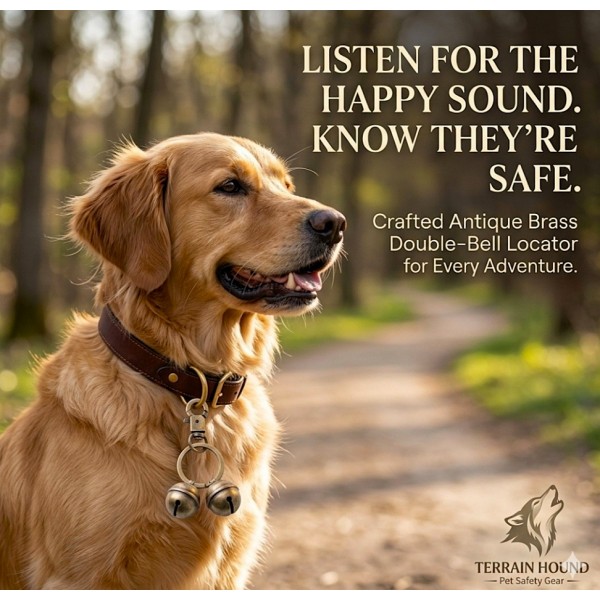 Terrain Hound Brass Pet Collar Bell for Dogs & Cats – Double Bell Locator with Key Ring Clasp, Loud Safety Tracking Sound, Antique Bronze Design for Medium & Large Pets