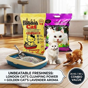 Cat Litter Combo 25 KG / 30 L – London Cat Lavender Premium Super Clumping Cat Litter 17 KG / 20 L + Golden Cat Lavender Bentonite Clumping Cat Litter 8 KG / 10 L, Strong Clumping, High Absorption, Odor Control, Low Dust, Scoopable