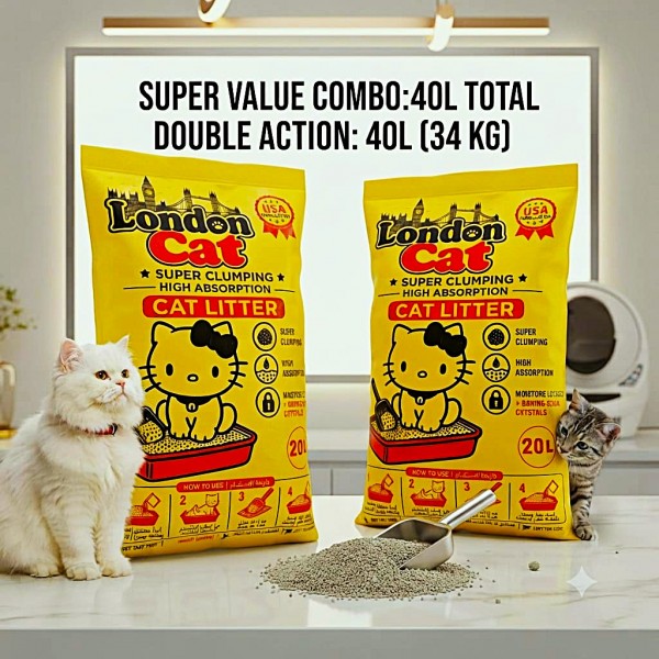 London Cat Lavender Premium Super Clumping Cat Litter 40 Liter (34 KG) – 20 Liter (17 KG) x 2 Bags, High Absorption, Baking Soda Odor Control, 99% Dust-Free, Moisture Lock