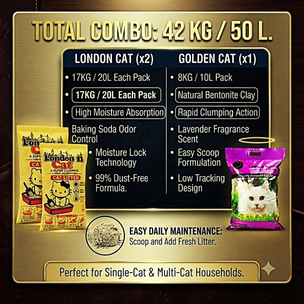 Cat Litter Combo 42 KG / 50 L – 2 x London Cat Lavender Premium Super Clumping Cat Litter 17 KG / 20 L + 1 x Golden Cat Lavender Bentonite Clumping Cat Litter 8 KG / 10 L, Strong Clumping, High Absorption, Odor Control, Low Dust