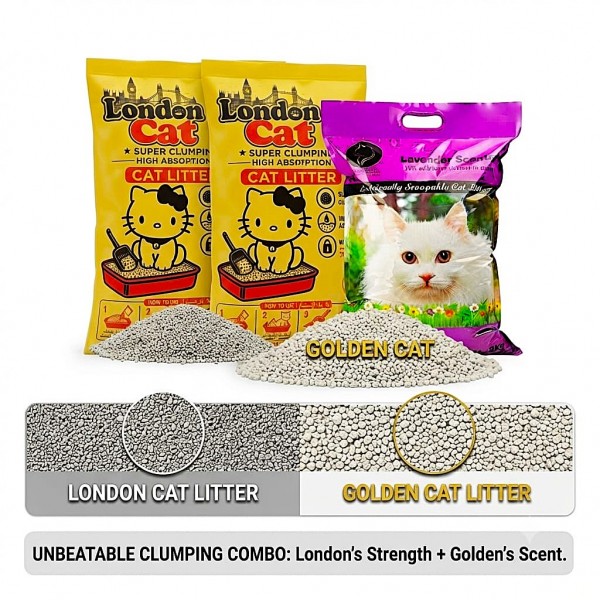 Cat Litter Combo 42 KG / 50 L – 2 x London Cat Lavender Premium Super Clumping Cat Litter 17 KG / 20 L + 1 x Golden Cat Lavender Bentonite Clumping Cat Litter 8 KG / 10 L, Strong Clumping, High Absorption, Odor Control, Low Dust