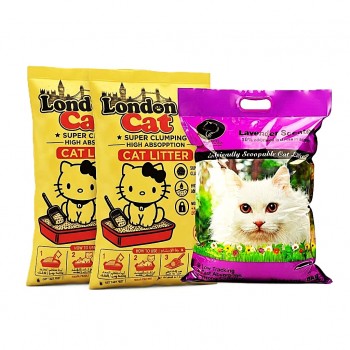 Cat Litter Combo 42 KG / 50 L – 2 x London Cat Lavender Premium Super Clumping Cat Litter 17 KG / 20 L + 1 x Golden Cat Lavender Bentonite Clumping Cat Litter 8 KG / 10 L, Strong Clumping, High Absorption, Odor Control, Low Dust