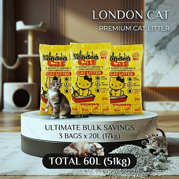 London Cat Lavender Premium Super Clumping Cat Litter 60 Liter (51 KG) – 20 Liter (17 KG) x 3 Bags, High Absorption, Baking Soda Odor Control, 99% Dust-Free, Moisture Lock