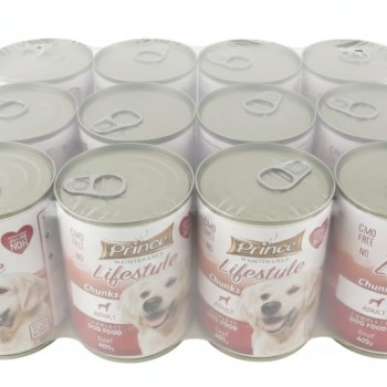Prince Lifestyle Adult Complete Wet Dog Food with Beef Chunks, GMO-Free, No Artificial Additives, 12 × 405g Cans