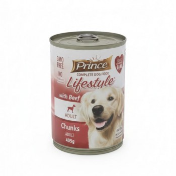 Prince Lifestyle Adult Complete Wet Dog Food with Beef Chunks, GMO-Free, No Artificial Additives, 12 × 405g Cans