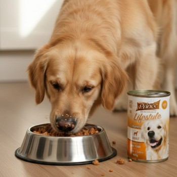 Prince Maintenance Lifestyle Chunks Adult Wet Dog Food with Chicken & Turkey, Complete Food for All Breeds, GMO-Free, 40% Meat, Chunks in Gravy, 12 x 405g Cans