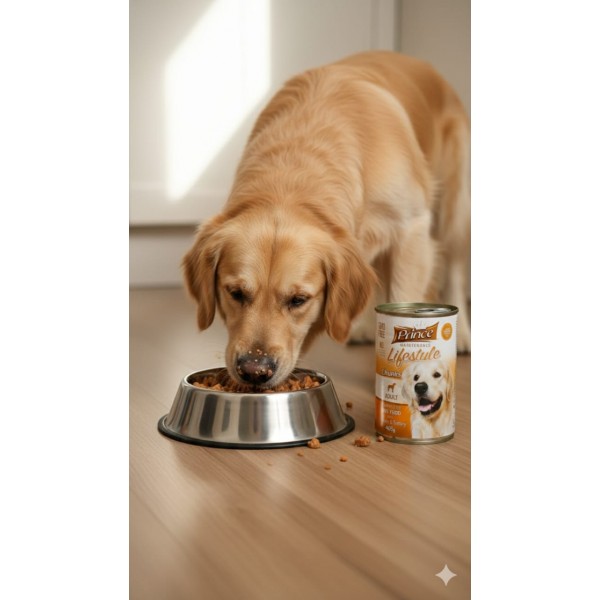 Prince Maintenance Lifestyle Chunks Adult Wet Dog Food with Chicken & Turkey, Complete Food for All Breeds, GMO-Free, 40% Meat, Chunks in Gravy, 12 x 405g Cans