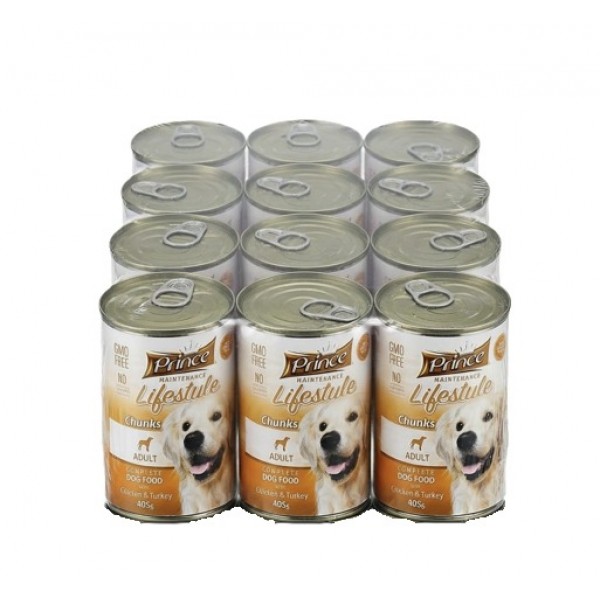 Prince Maintenance Lifestyle Chunks Adult Wet Dog Food with Chicken & Turkey, Complete Food for All Breeds, GMO-Free, 40% Meat, Chunks in Gravy, 12 x 405g Cans