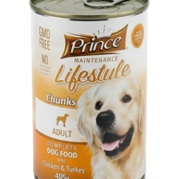 Prince Maintenance Lifestyle Chunks Adult Wet Dog Food with Chicken & Turkey, Complete Food for All Breeds, GMO-Free, 40% Meat, Chunks in Gravy, 12 x 405g Cans