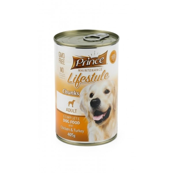 Prince Maintenance Lifestyle Chunks Adult Wet Dog Food with Chicken & Turkey, Complete Food for All Breeds, GMO-Free, 40% Meat, Chunks in Gravy, 12 x 405g Cans