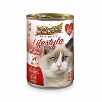 PRINCESS Cat Beef Wet Food 12 Cans × 405g – Princess Maintenance Lifestyle Adult Complete Cat Food, Beef Chunks in Gravy, GMO-Free, No Artificial Additives