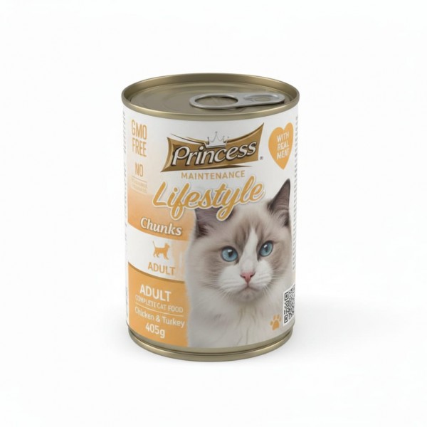 Princess Maintenance Lifestyle Chunks Wet Cat Food with Chicken & Turkey, Grain-Free Complete Food for Adult Cats, No Artificial Additives, Chunks in Gravy (12 x 405g Cans)