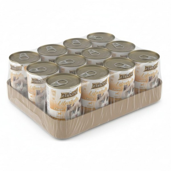 Princess Maintenance Lifestyle Chunks Wet Cat Food with Chicken & Turkey, Grain-Free Complete Food for Adult Cats, No Artificial Additives, Chunks in Gravy (12 x 405g Cans)