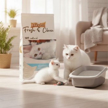 Princess Fresh & Clean Baby Powder Scent Clumping Cat Litter – 20L ( 17kg ) 100% Natural White Bentonite, Super Clumping, 99.5% Dust-Free, Superior Odor Control, Soft on Paws, Anti-Bacterial, Eco-Friendly