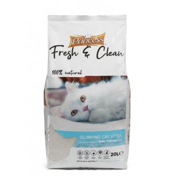 Princess Fresh & Clean Baby Powder Scent Clumping Cat Litter – 20L ( 17kg ) 100% Natural White Bentonite, Super Clumping, 99.5% Dust-Free, Superior Odor Control, Soft on Paws, Anti-Bacterial, Eco-Friendly