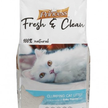 Princess Fresh & Clean Baby Powder Scent Clumping Cat Litter – 20L ( 17kg ) 100% Natural White Bentonite, Super Clumping, 99.5% Dust-Free, Superior Odor Control, Soft on Paws, Anti-Bacterial, Eco-Friendly