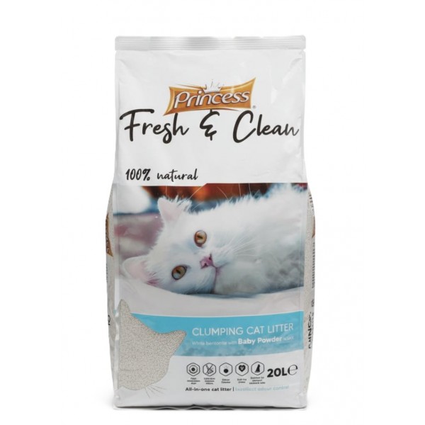 Princess Fresh & Clean Baby Powder Scent Clumping Cat Litter – 20L ( 17kg ) 100% Natural White Bentonite, Super Clumping, 99.5% Dust-Free, Superior Odor Control, Soft on Paws, Anti-Bacterial, Eco-Friendly
