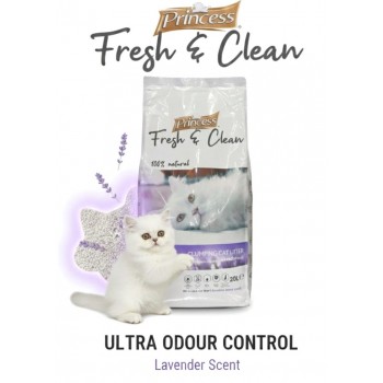 Princess Fresh & Clean Lavender Scent Clumping Cat Litter – 20L (17kg) | 100% Natural White Bentonite, Super Clumping, Low Dust, Superior Odor Control, Soft on Paws, Anti-Bacterial, Suitable for Sensitive Cats