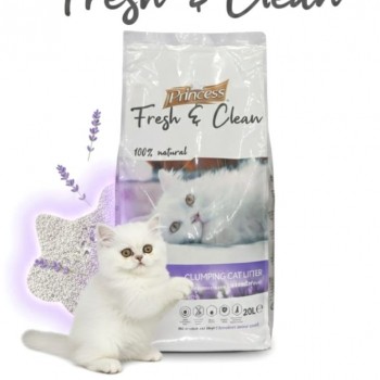 Princess Fresh & Clean Lavender Scent Clumping Cat Litter – 20L (17kg) | 100% Natural White Bentonite, Super Clumping, Low Dust, Superior Odor Control, Soft on Paws, Anti-Bacterial, Suitable for Sensitive Cats
