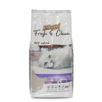 Princess Fresh & Clean Lavender Scent Clumping Cat Litter – 20L (17kg) | 100% Natural White Bentonite, Super Clumping, Low Dust, Superior Odor Control, Soft on Paws, Anti-Bacterial, Suitable for Sensitive Cats