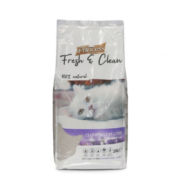 Princess Fresh & Clean Lavender Scent Clumping Cat Litter – 20L (17kg) | 100% Natural White Bentonite, Super Clumping, Low Dust, Superior Odor Control, Soft on Paws, Anti-Bacterial, Suitable for Sensitive Cats