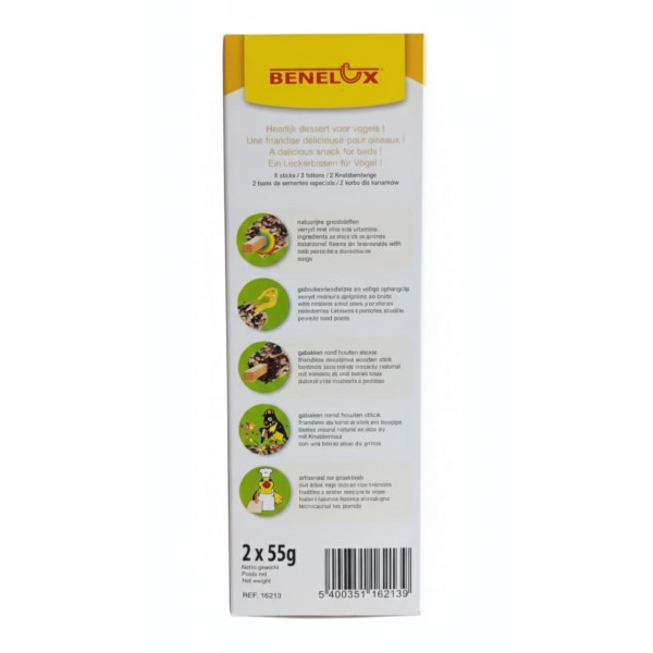 Benelux Bird Snack Sticks – 2 x 55g | Natural, Vitamin-Enriched Treat for Birds | Easy-to-Hang Wooden Sticks