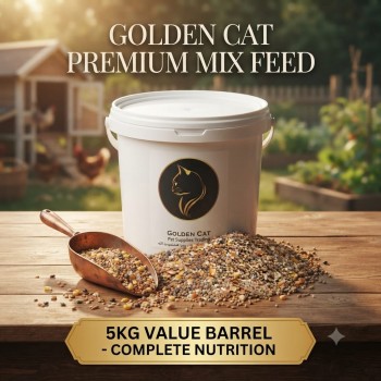 Golden Cat Premium Mixed Bird & Poultry Seeds 5 kg Plastic Barrel – High Protein Whole Grain Feed for Chickens, Hens, Roosters, Pigeons, Doves & Wild Birds – Natural Corn & Millet Blend