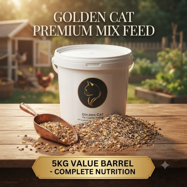 Golden Cat Premium Mixed Bird & Poultry Seeds 5 kg Plastic Barrel – High Protein Whole Grain Feed for Chickens, Hens, Roosters, Pigeons, Doves & Wild Birds – Natural Corn & Millet Blend