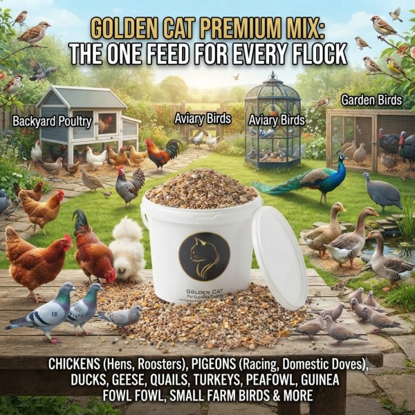 Golden Cat Premium Mixed Bird & Poultry Seeds 5 kg Plastic Barrel – High Protein Whole Grain Feed for Chickens, Hens, Roosters, Pigeons, Doves & Wild Birds – Natural Corn & Millet Blend Golden Cat Premium Mixed Bird & Poultry Seeds 5 kg Plastic Barrel – High Protein Whole Grain Feed for Chickens, Hens, Roosters, Pigeons, Doves & Wild Birds – Natural Corn & Millet Blend