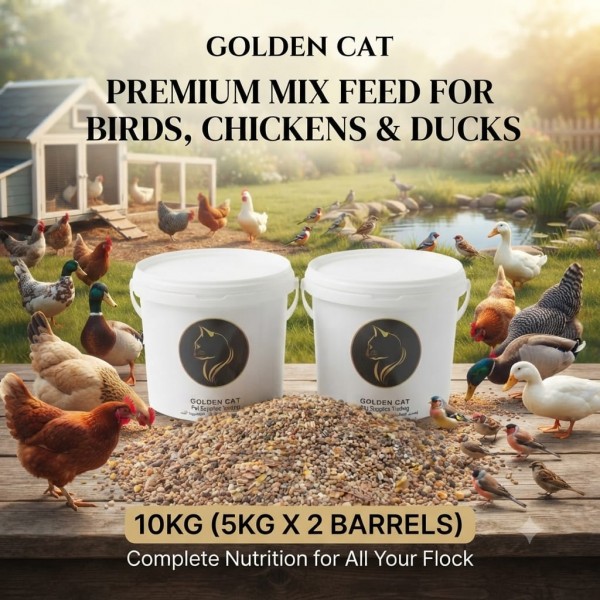 Golden Cat Premium Mixed Bird & Poultry Seeds 10 kg (2 × 5 kg Plastic Barrels) – High Protein Whole Grain Feed for Chickens, Hens, Roosters, Pigeons, Doves & Wild Birds – Natural Corn & Millet Blend