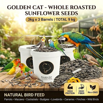 Golden Cat Whole Roasted Sunflower Seeds 3 x 3kg (9kg Total) Barrel Pack | Premium Bird Food for Parrots, Budgies, Cockatiels, Lovebirds & Small Pets | High Protein High Fiber Non-GMO Argentina Origin