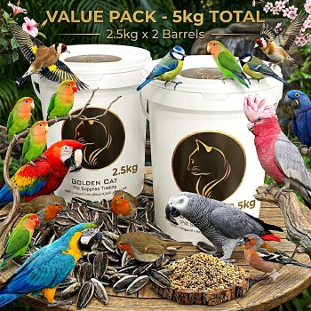 Golden Cat Premium Natural Whole Roasted Sunflower Seeds 2 x 2.5kg (5kg Total) Barrel Pack | High Protein High Fiber Bird Food for Parrots, Macaws, Cockatiels, Budgies, Lovebirds, Finches & Small Pets | Non-GMO, Product of Argentina