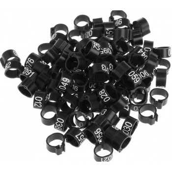 100 Pcs Black Chicken & Bird Leg Rings – 9mm Plastic Identification Bands for Poultry, Pigeons, Parrots, Conure, Macaw, African Grey – Numbered Clip-On Foot Bands for Small & Large Birds