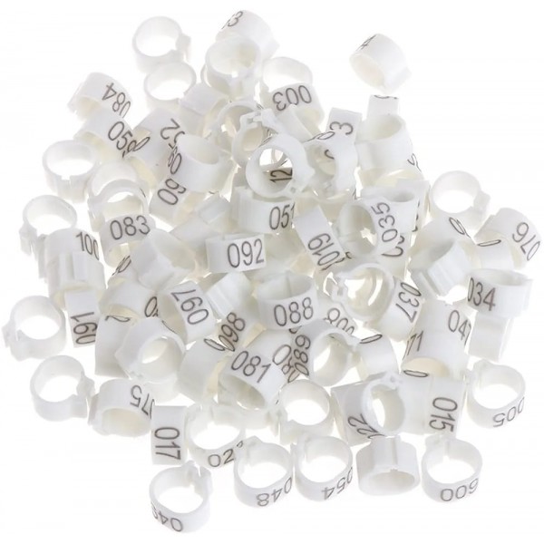 100 Pcs White Chicken & Bird Leg Rings – 9mm Plastic Identification Bands for Poultry, Pigeons, Parrots, Conure, Macaw, African Grey – Numbered Clip-On Foot Bands for Small & Large Birds